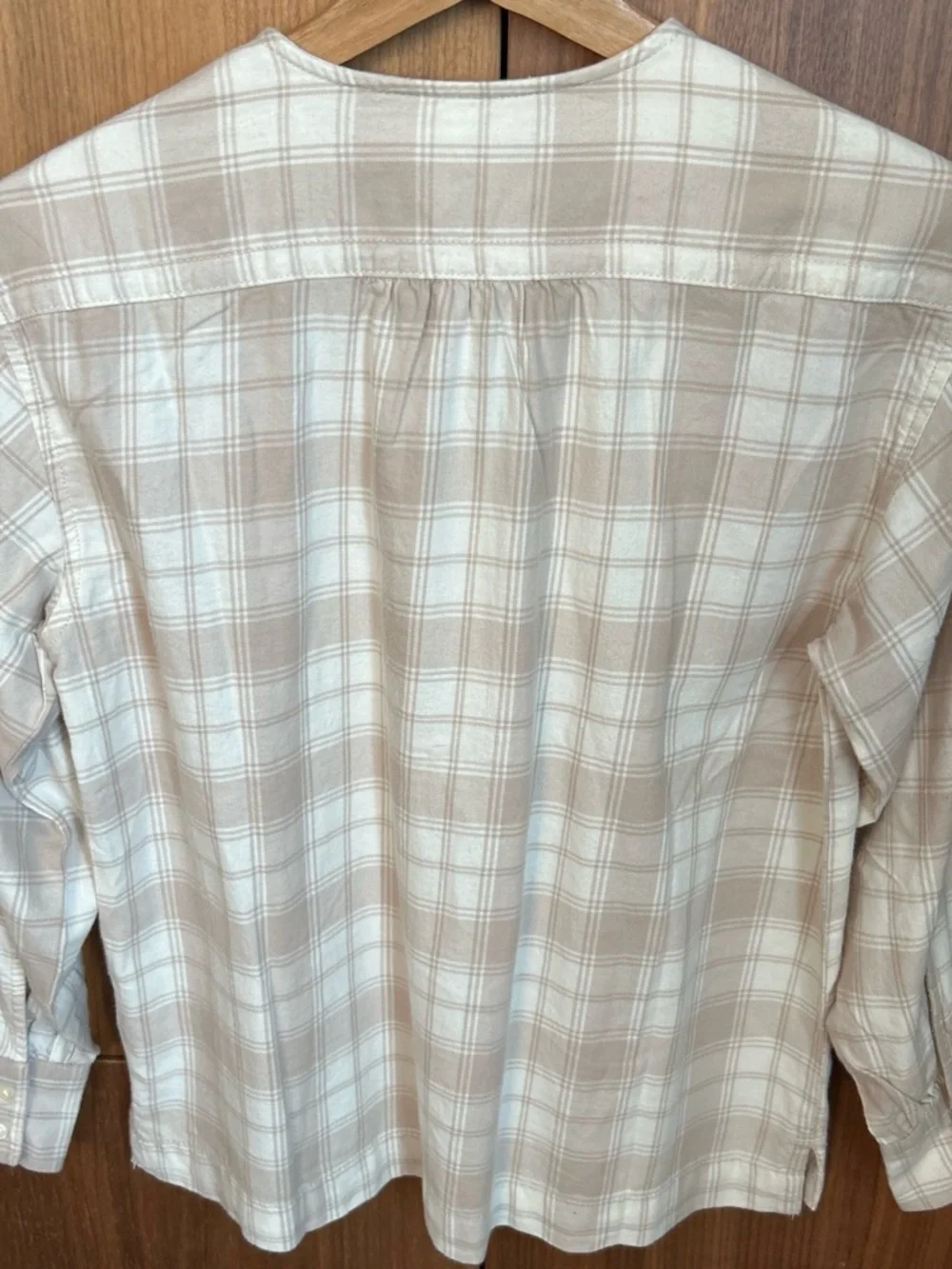 Women's Neutral Cream Plaid Button-Down Shirt with Ruffle Detail - Picture 6 of 8